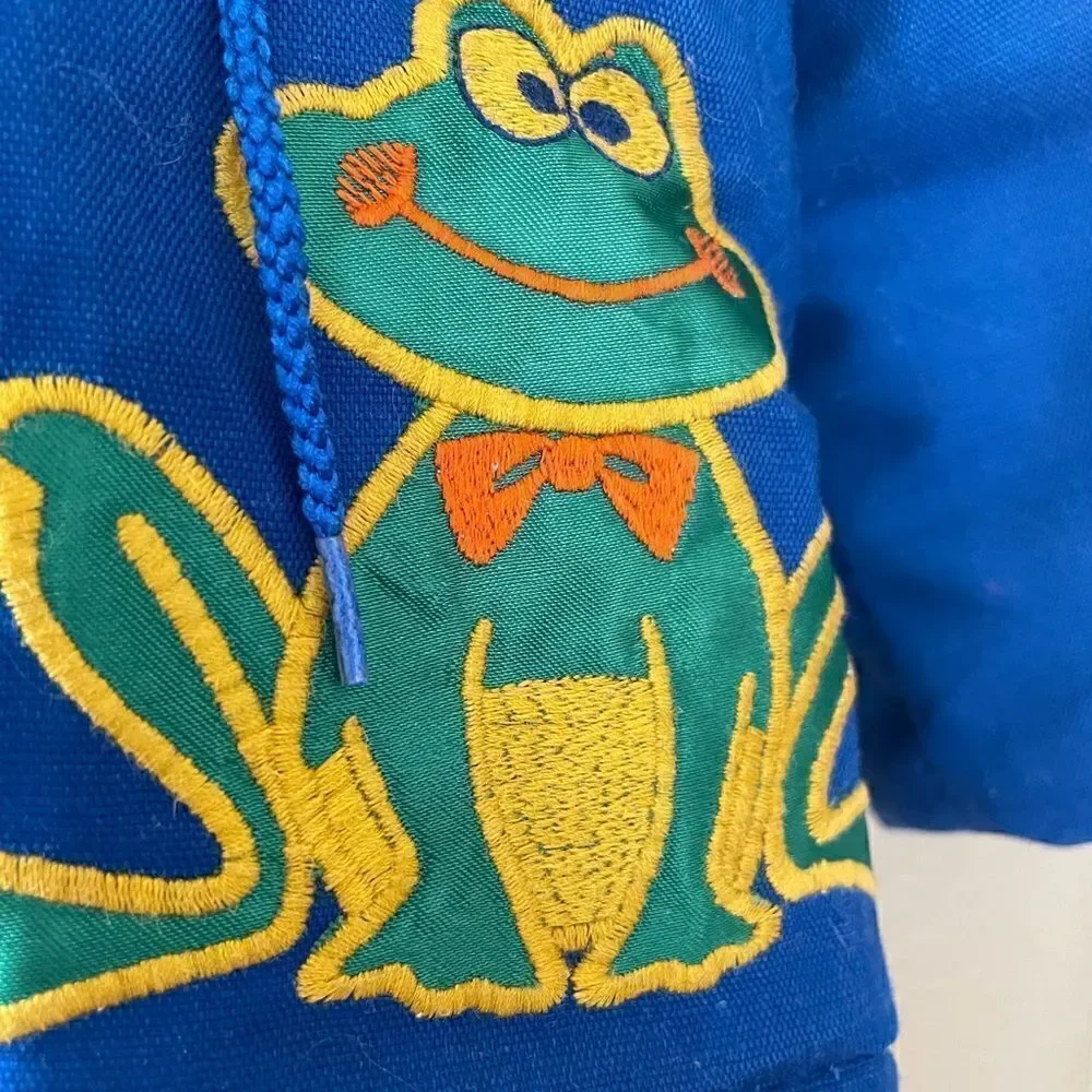 Kids Vintage 80’s Embroidered Frog Blue Hooded Fur lined Zip up Coat 12 mths